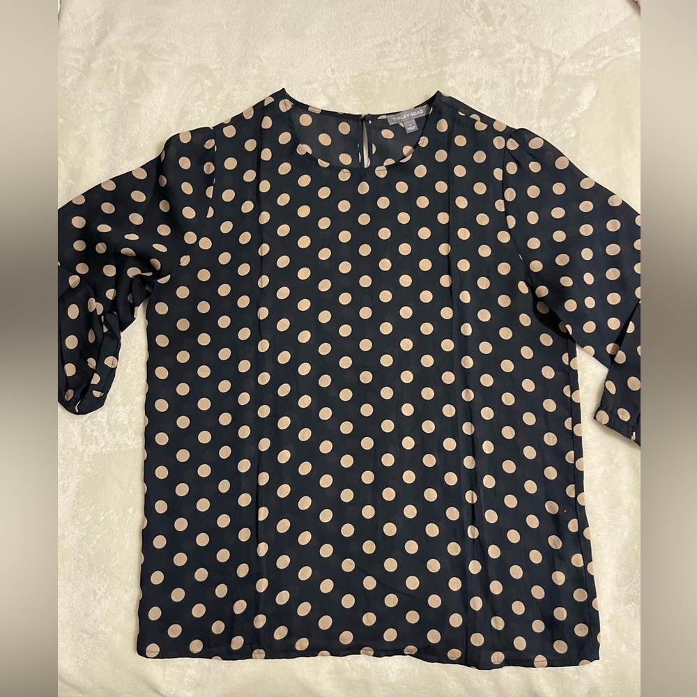 Tinley Road Sheer Navy & Tan Polka Dot Blouse
